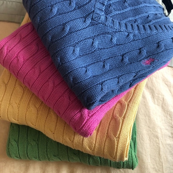 RALPH LAUREN Classic Preppy Blue Cable Knit V-Neck Sweater Pink Polo Pony XL NEW - Picture 12 of 12